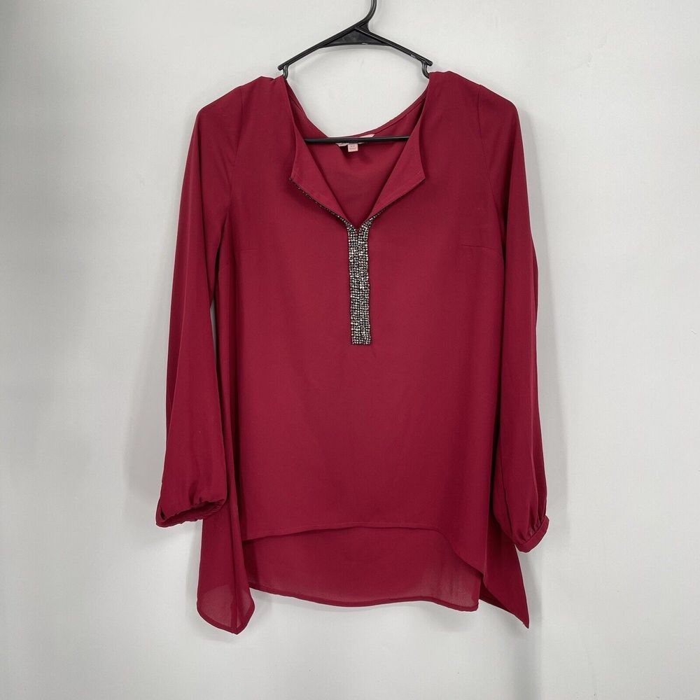 Juicy‎ Couture XS Blouse Women Burgundy Beaded Split Neck High Low Chiffon Top